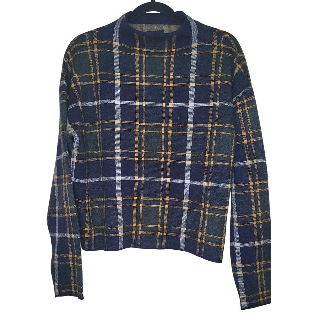 Nicole Miller Green Navy Yellow Plaid Mock Neck Sweater Long Sleeve‎ L Academia